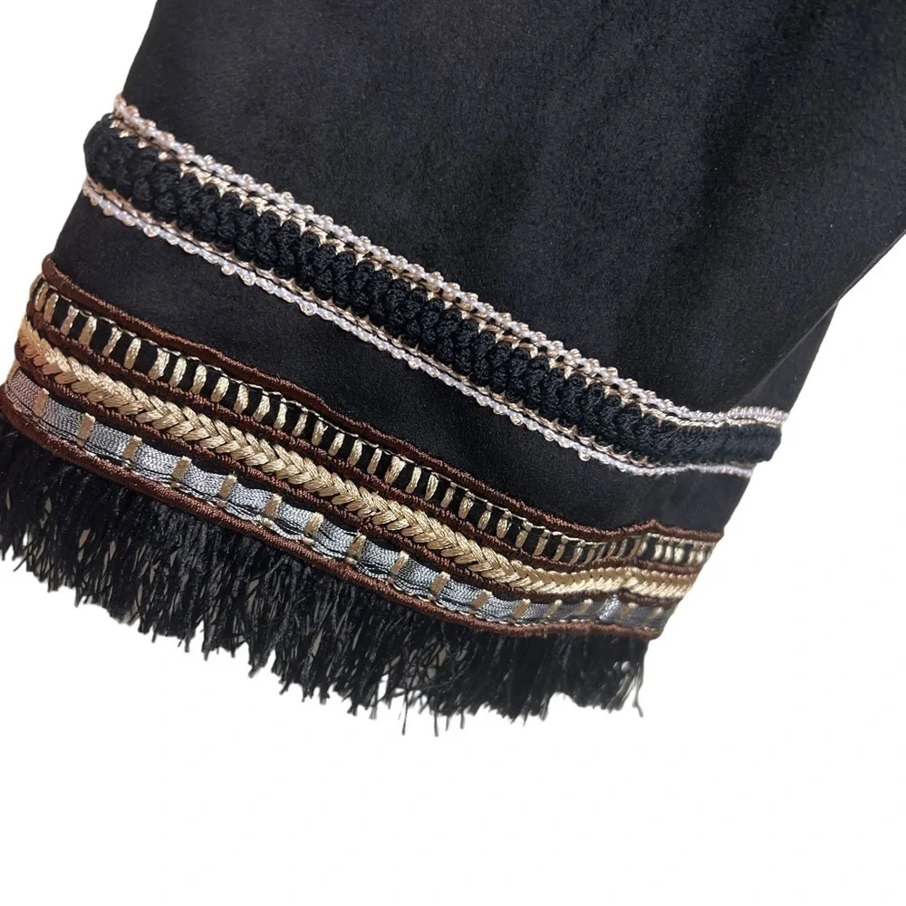 ZARA Combination Faux Suede Embroidered Fringe Hem Jacket Black